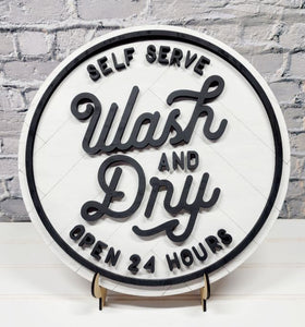 Laundry Sign Self Serve Wash And Dry Open 24 Hours 3D Laser Round Wood Sign With Stand