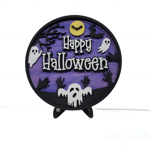 Happy Halloween 3D Laser Round Wood Sign With Stand