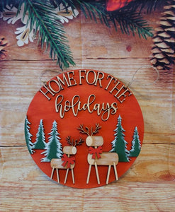 Reindeer Home For The Holidays 3D Laser Round Red Wood Sign Christmas Holiday Decoration