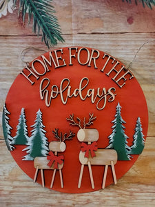 Reindeer Home For The Holidays 3D Laser Round Red Wood Sign Christmas Holiday Decoration