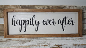 Happily Ever After Framed Farmhouse Wood Sign  7" x 17"