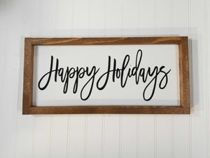 Happy Holidays Christmas Framed Farmhouse Wood Sign 7" x 17
