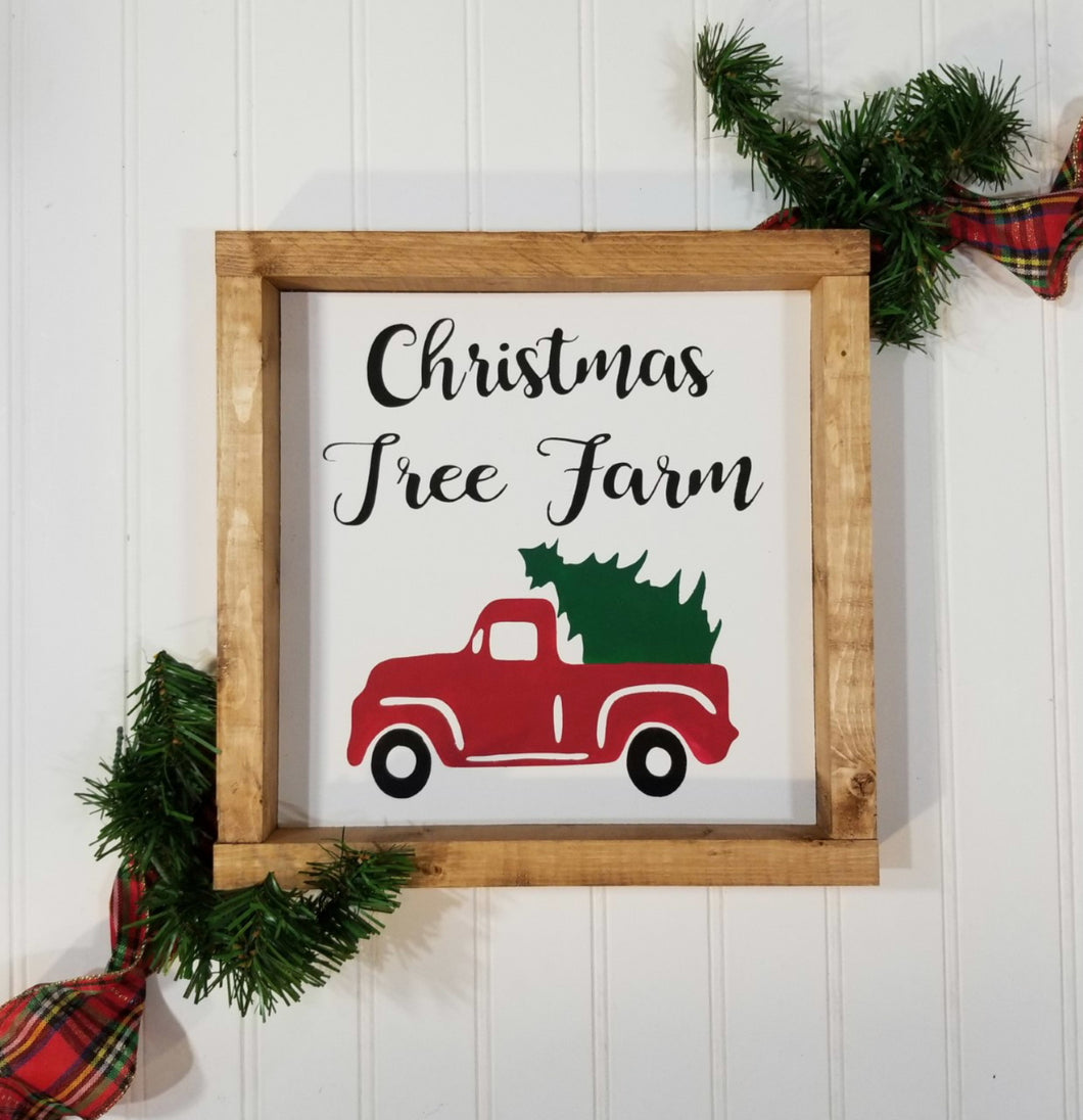 Christmas Tree Farm Red Truck Christmas Farmhouse Wood Framed Sign 9