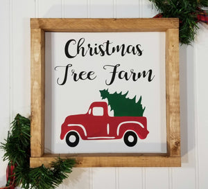 Christmas Tree Farm Red Truck Christmas Farmhouse Wood Framed Sign 9" x 9"