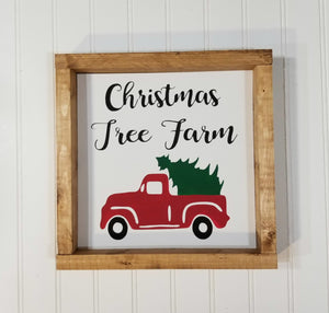 Christmas Tree Farm Red Truck Christmas Farmhouse Wood Framed Sign 9" x 9"