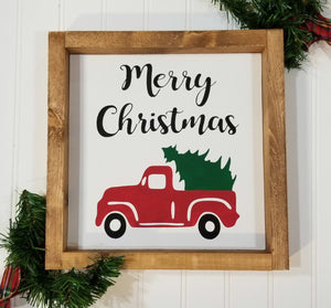 Merry Christmas Red Truck Christmas Farmhouse Wood Framed Sign 9" x 9"