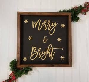 Merry & Bright Black Farmhouse Christmas Decor Sign 12" x 12"